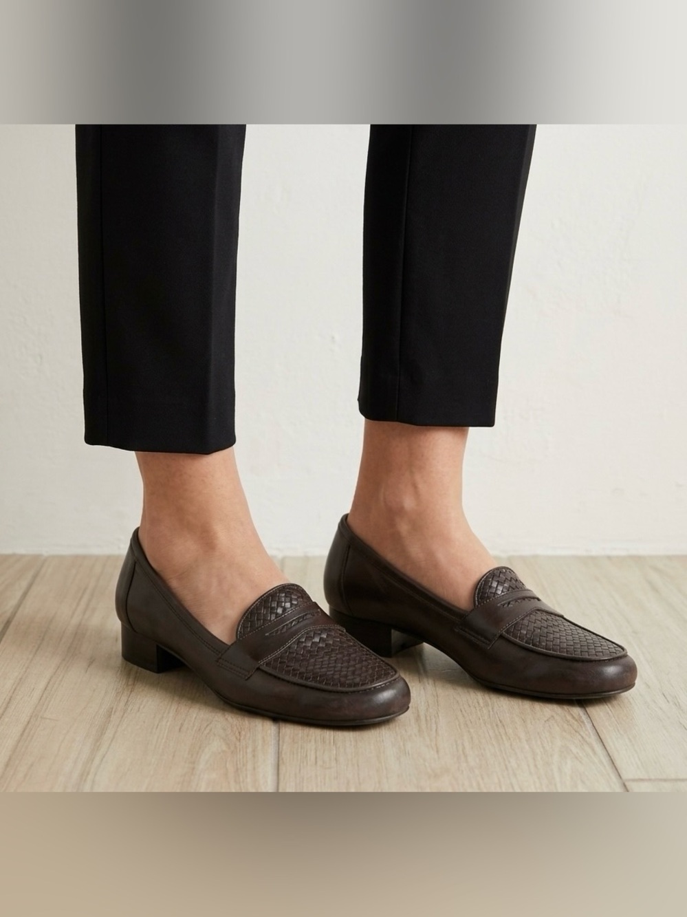 Vintage 90s Michelle D Brown Woven Leather Penny Loafers Size 8 Block Heel Comfy